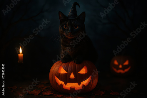 Black cat with witch hat sitting on glowing carved pumpkin with candlelight