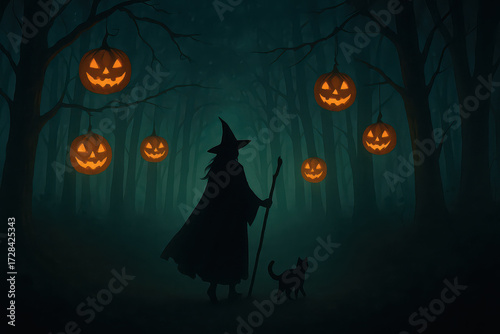 Witch black cat jack o lantern forest Halloween silhouette spooky dark night glowing pumpkin