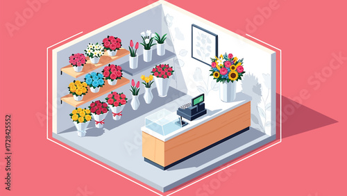 Isometric Vector Illustration of a Modern Flower Shop Interior with Diverse Colorful Bouquets and Retail Counter