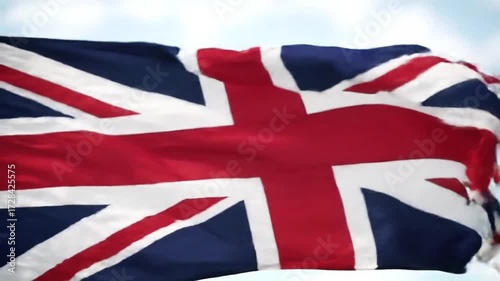 British Union Jack Flag Waving in Strong Wind with Cloudy Sky Background Representing UK National Identity Allegiance Patriotism and Stormy Weather Ideal for Memorial Day Imagery
