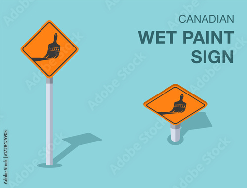 Traffic regulation rules. Isolated canadian "wet paint" road sign. Front and top view. Flat vector illustration template.