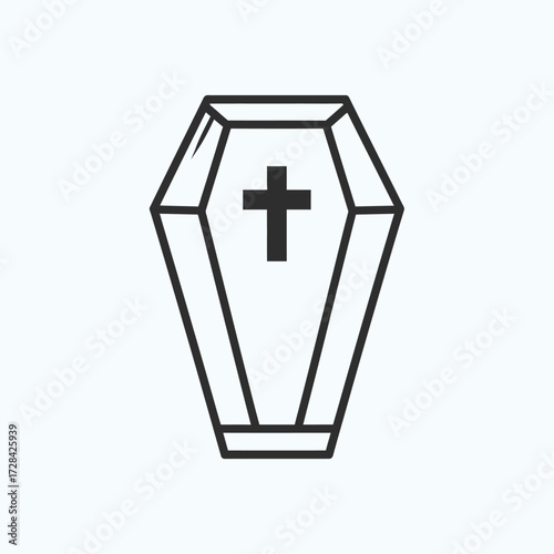 Simple line drawing of a coffin with a cross on the front.