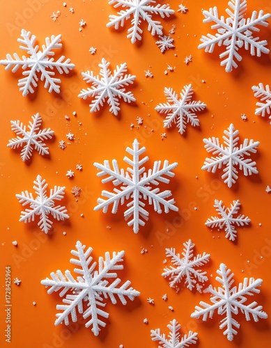 White snowflakes scattered on a vibrant orange background, creating a festive winter scene