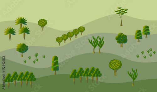 Landscape with hills and trees. Flat vector background.