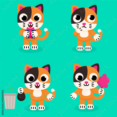 collection of calico cat characters doing various activities. Holding gift, thinking, throw garbage and eat cotton candy.