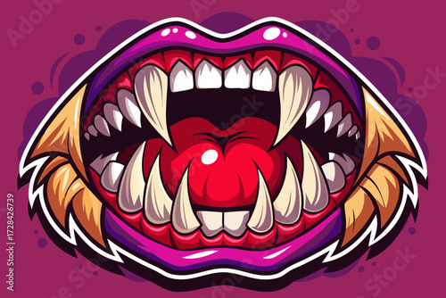 Vector illustration of a fierce vampire mouth with sharp fangs and glowing red lips sticker icon