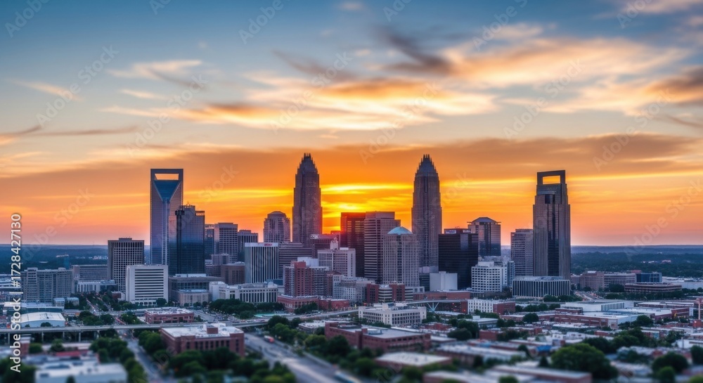 Obraz premium Modern City Skyline at Sunset with Tall Skyscrapers and Vibrant Cloudy Sky
