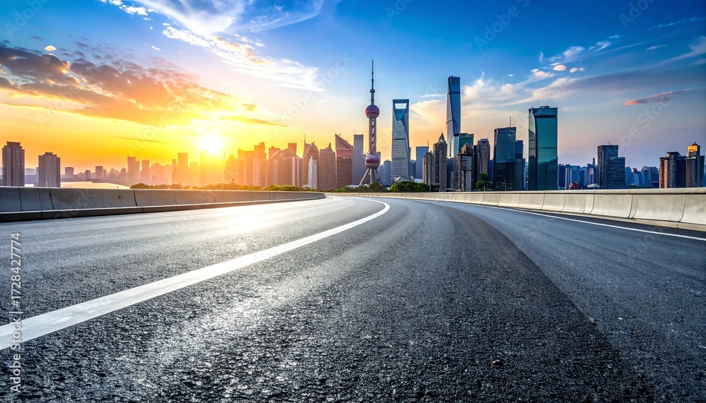 Fototapeta premium Urban highway sunrise cityscape view features empty asphalt road leading into modern skyline under dramatic colorful sunrise sky, suggesting travel, opportunity, and progress.
