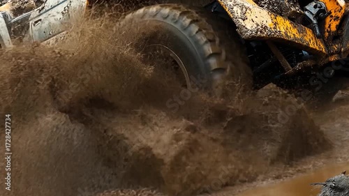 Off road vehicle driving through thick mud and splashing water.