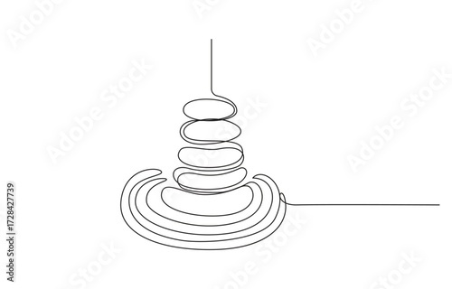Pebbles in one continuous line drawing. rock balancing. One line drawing of a pile of flat stones Zen rock balancing.