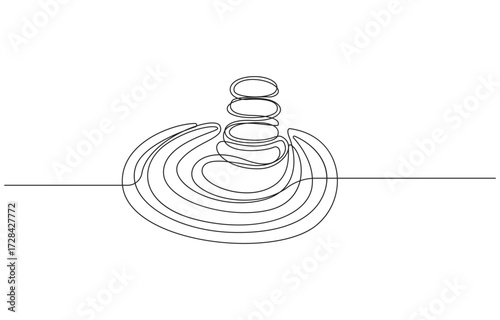 Pebbles in one continuous line drawing. rock balancing. One line drawing of a pile of flat stones Zen rock balancing.