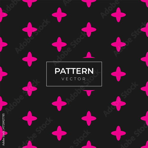 Vibrant fuchsia four-point star shapes form a stylish abstract seamless vector pattern on a sleek black background, ideal for contemporary graphic design and digital textures