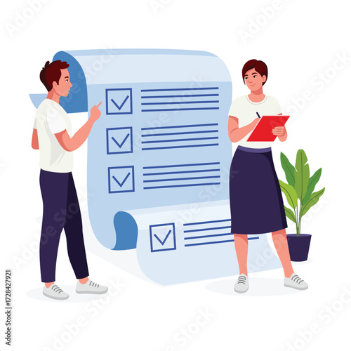 Illustration of male and female business people having a meeting, chatting, or presenting about business