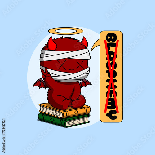 A red, horned, winged demon creature with a bandaged face and a "peace" hand gesture sits on a pile of books, saying no to blasphemy. Perfect for celebrating Blasphemy Day on September 30th.