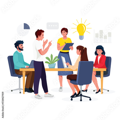 Business meeting illustration, deverse team, corporate, teamwork, modern workspace