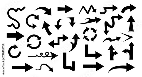 A collection of various black arrow silhouettes vector.