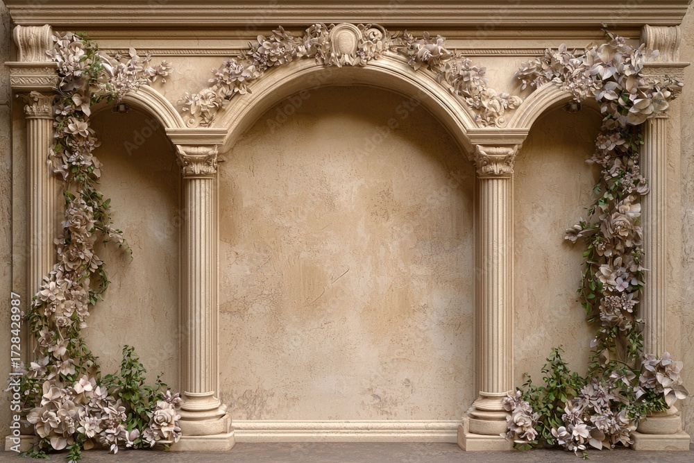 Obraz premium arched-entryway wall in beige-tones with floral and natural decorations in romantic-style, featuring symmetrical-composition and detailed-character designs for interior, architecture and event-backgro