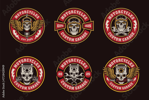 Edgy skull logos with pistons wrenches and helmets for motorcycle custom garages and apparel brands