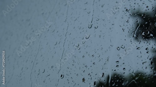 Water droplets streaming down a glass window with a blurred view of trees outside, capturing the mood of a rainy, overcast day.
