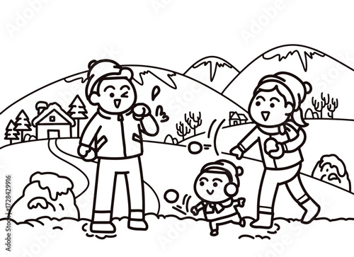 The family is having a snowball fight together.