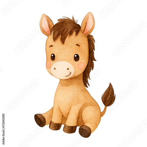 Small baby horse or foal isolated clipart, vector illustration. Adorable equine  baby sitting down with friendly expression, brown mane and tail. Happy farm animal.