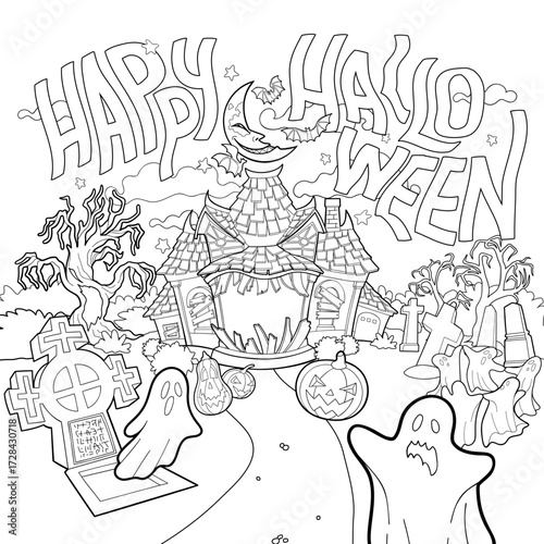 Halloween night scene with haunted house