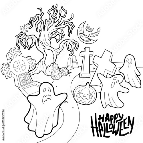 Halloween cemetery with pumpkins, ghosts and moon