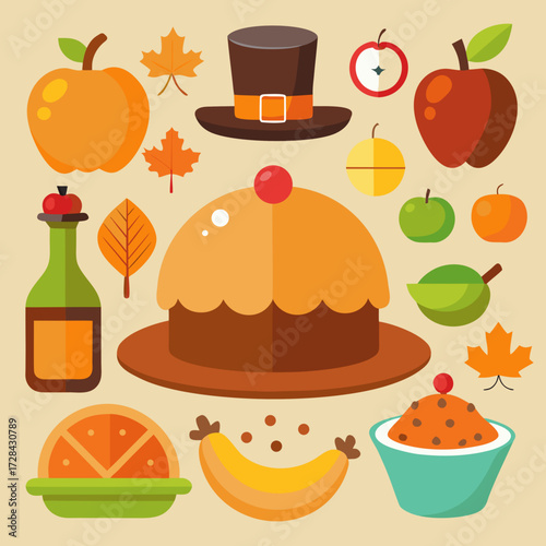 Flat vector thanksgiving icons apple turkey leg hat pie food elements scalable illustration eps icon
