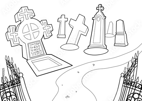 Halloween cemetery with various gravestones