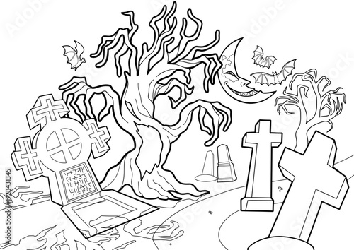 Halloween cemetery with graves, tree and moon
