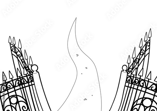 Open wrought iron gates with path