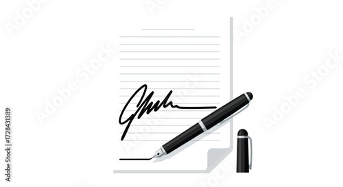 A fountain pen rests on a document with a signature, symbolizing agreement and official documentation.