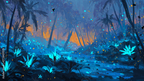 Magical Glowing Forest Path with Blue Bioluminescence