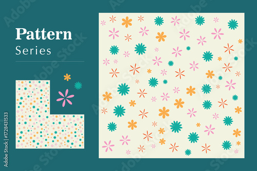 Cheerful seamless vector graphic pattern featuring abstract blooming flowers in a lively spring color palette, ideal as an editable EPS asset for diverse design projects and scalable applications