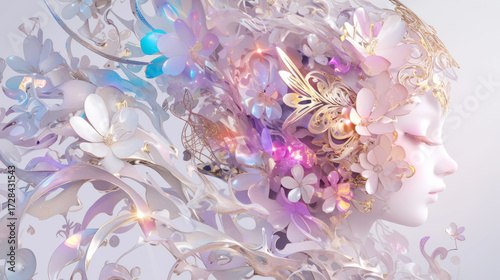 Ethereal woman with luminous floral crown