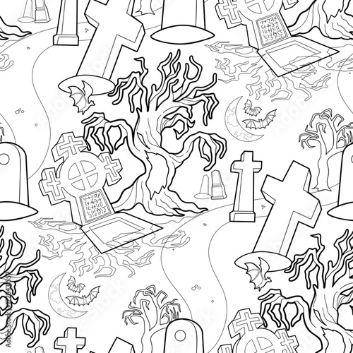 Halloween cemetery with graves, tree and moon