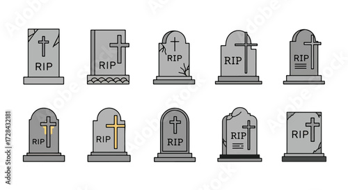 A collection of ten different tombstone icons, each with a cross and the inscription 'RIP', displayed in two rows.