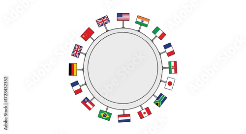 A circular arrangement of national flags from various countries surrounding a blank space.