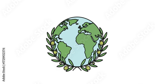 A stylized illustration of planet Earth encircled by a green olive branch with olives.
