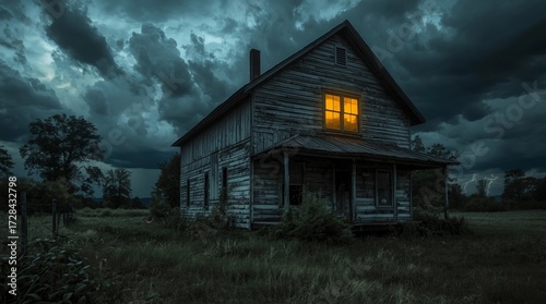 An old farmhouse with a single illuminated window under a stormy night sky—eerie.