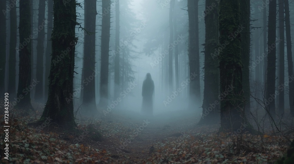 Naklejka premium A faint, ghostly figure visible in the morning fog in a quiet forest—barely noticeable and unsettling.