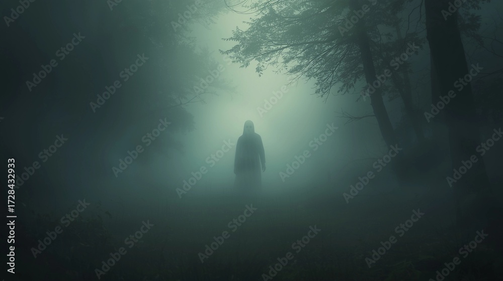 Fototapeta premium A faint, ghostly figure visible in the morning fog in a quiet forest—barely noticeable and unsettling.