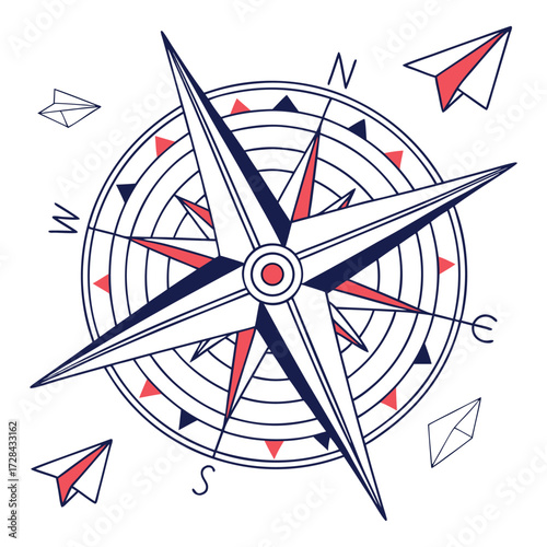 Guiding Compass: A detailed vector illustration of a navigational compass, featuring cardinal directions and a symbolic connection to travel and exploration. 