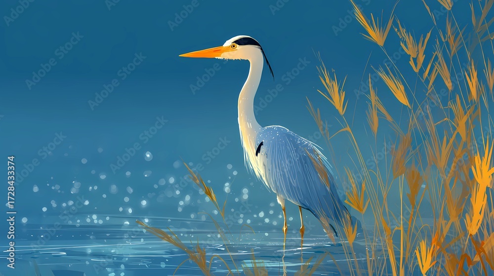 Naklejka premium Reeds sway as heron watches water below, illustrating delicate balance of bird and habitat.