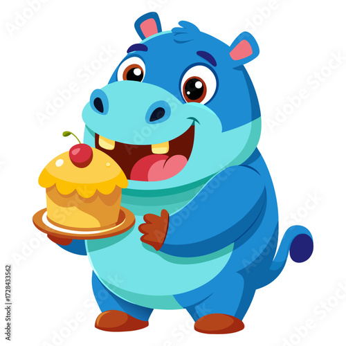 A chubby Hippopotamus cartoon character holding its stomach while eating cake.