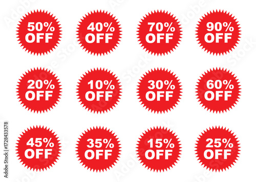 Collection of red starburst discount tags showing various percentage savings