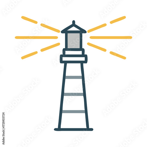 Illuminating Beacon: A simplistic illustration showcases a majestic lighthouse beaming its guiding light, an emblem of hope and guidance against the backdrop of a dark sea.