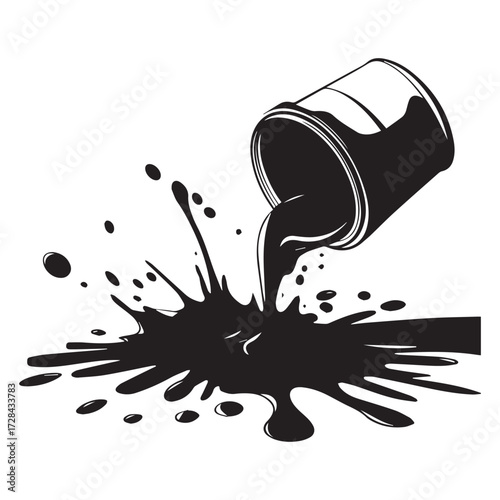 Creative black contour paint bucket spilling colorful splatters on white background. 