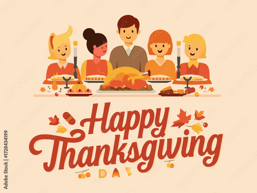 Fototapeta premium Happy Thanksgiving Flat Vector Illustration