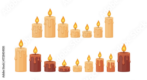 A collection of various sizes and colors of lit candles, with wax dripping down their sides.